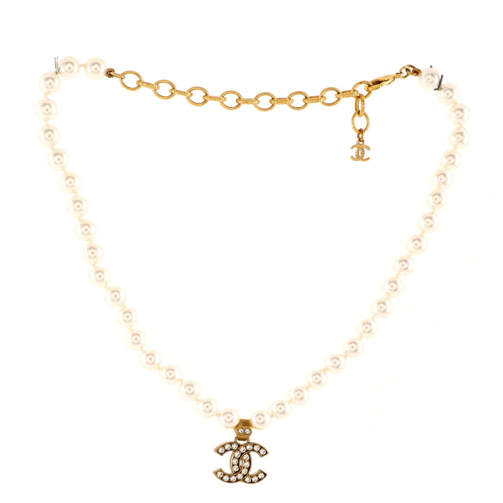 CC Pendant Short Necklace Faux Pearls and Metal with Crystals