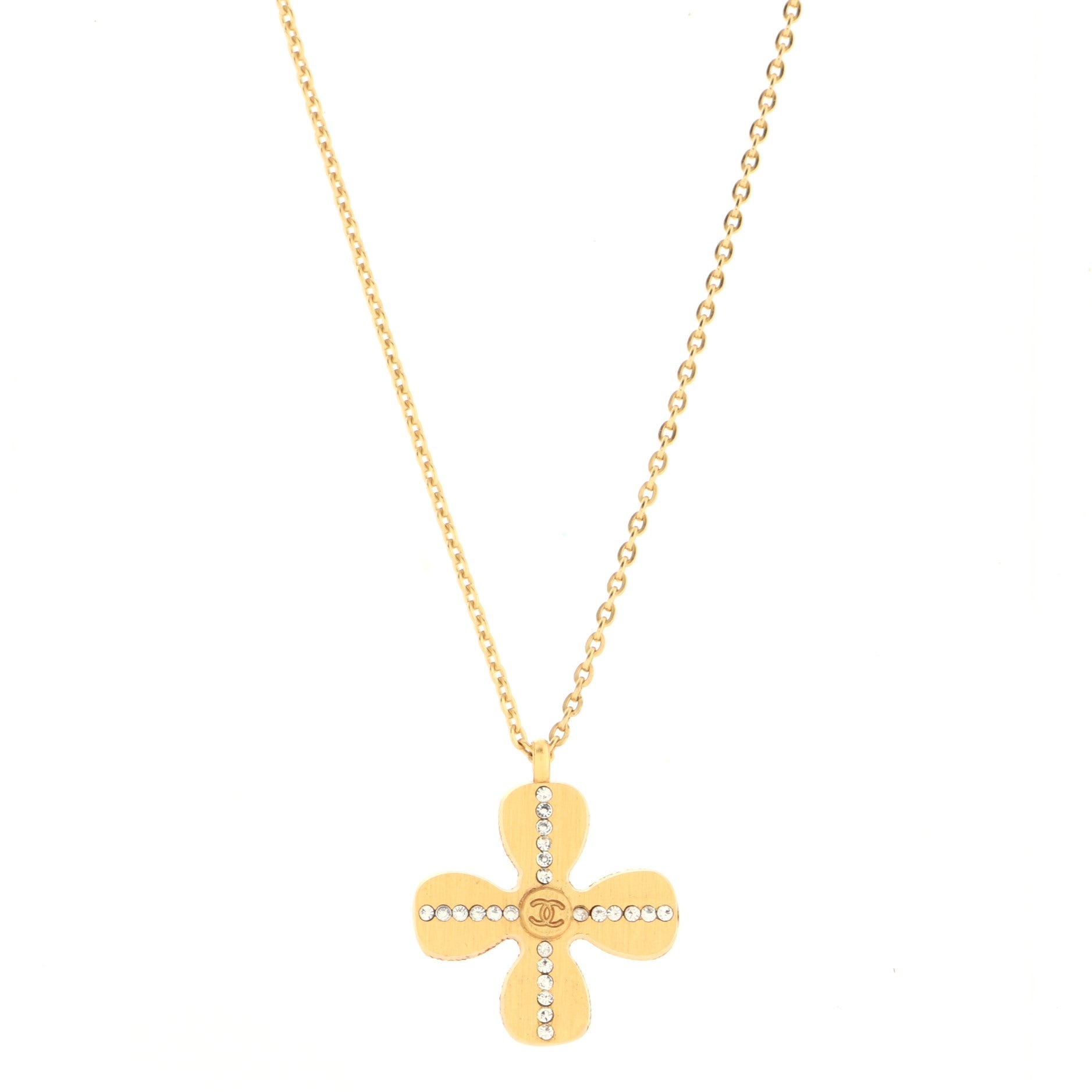 Vintage CC Clover Pendant Necklace Metal with Crystals