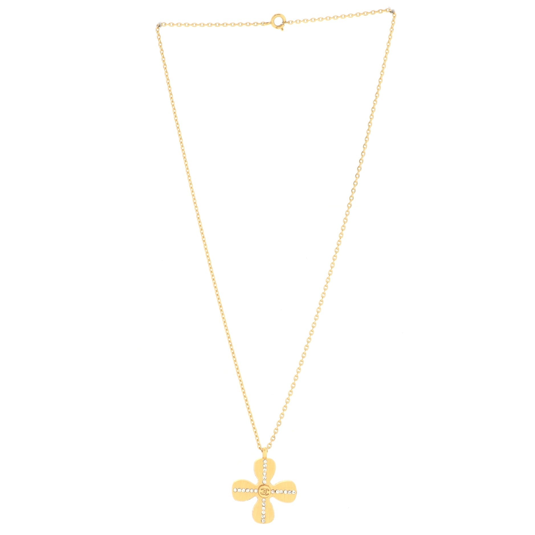 Vintage CC Clover Pendant Necklace Metal with Crystals