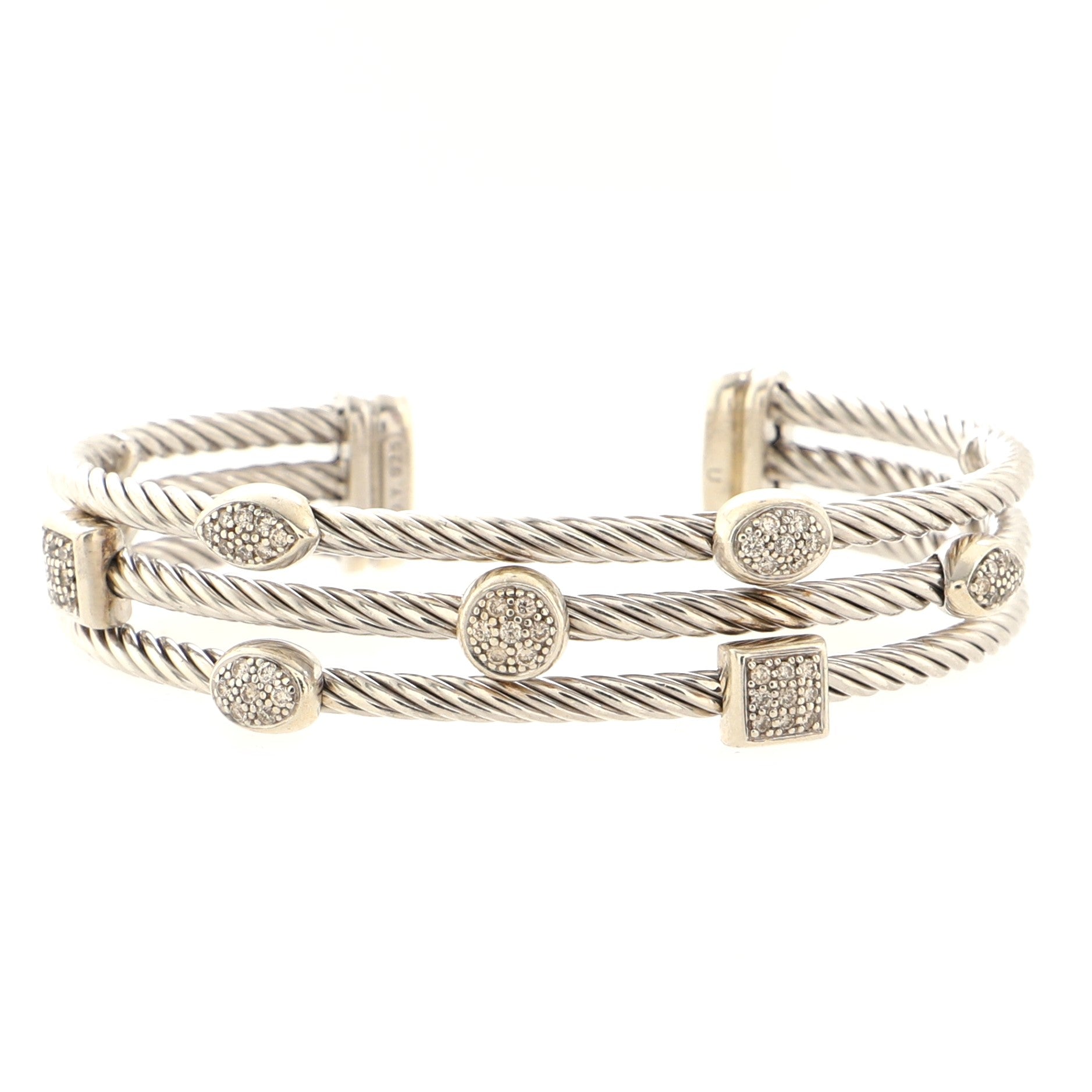 Three Row Confetti Cable Cuff Bracelet Sterling Silver with Diamonds