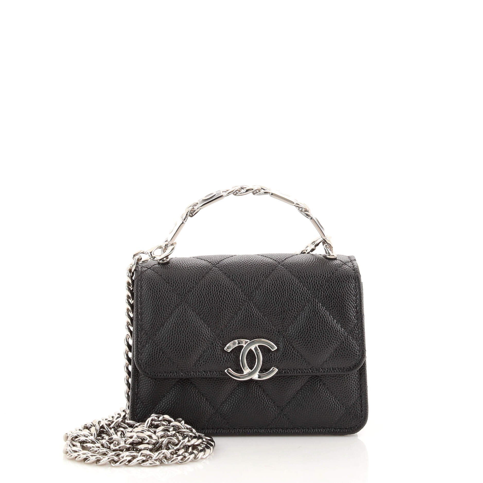 Coco Enamel Top Handle Flap Clutch with Chain Quilted Caviar