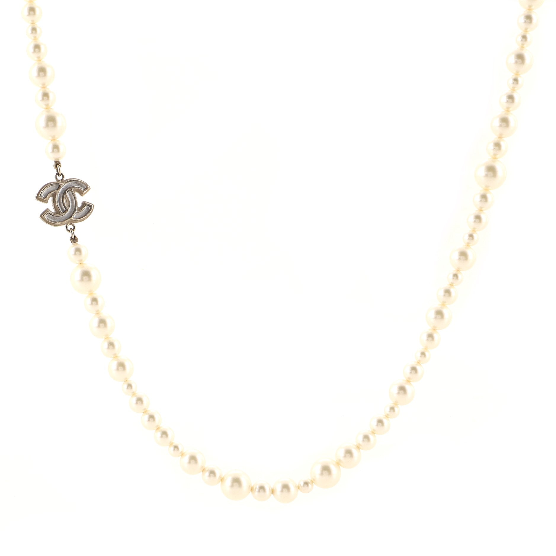CC Long Necklace Faux Pearls and Crystal Embellished Metal
