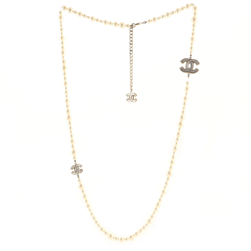 CC Long Necklace Faux Pearls and Crystal Embellished Metal
