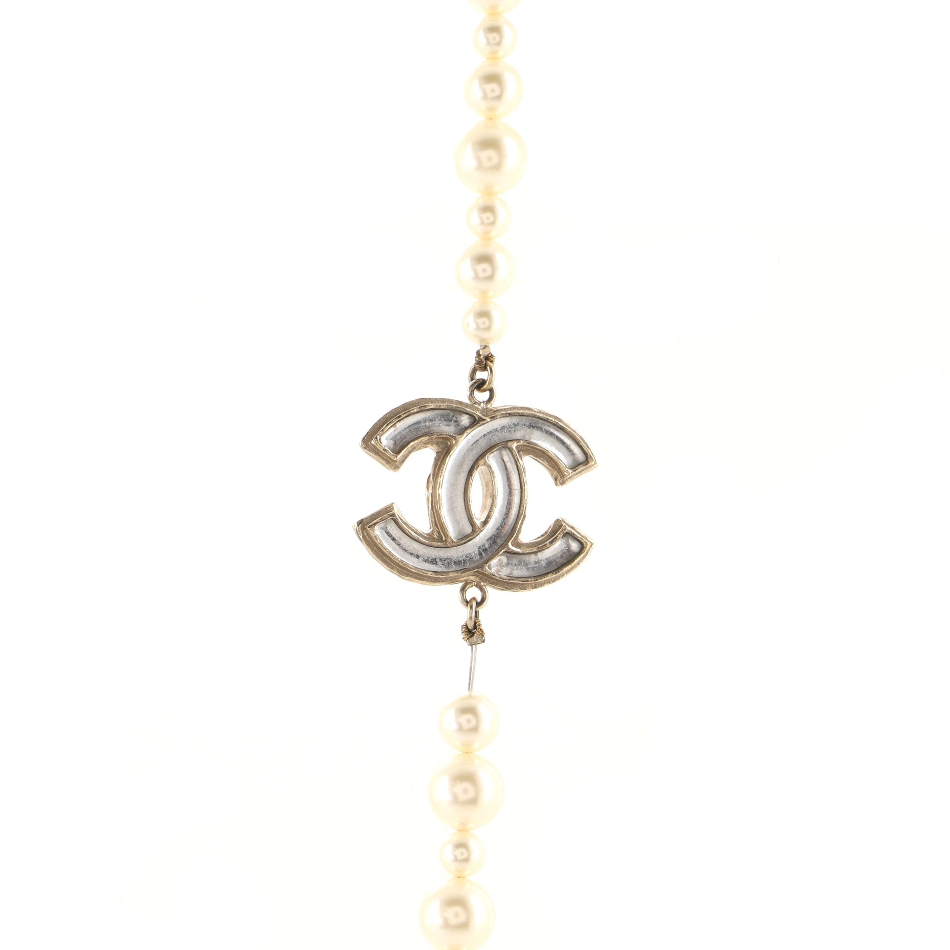 CC Long Necklace Faux Pearls and Crystal Embellished Metal