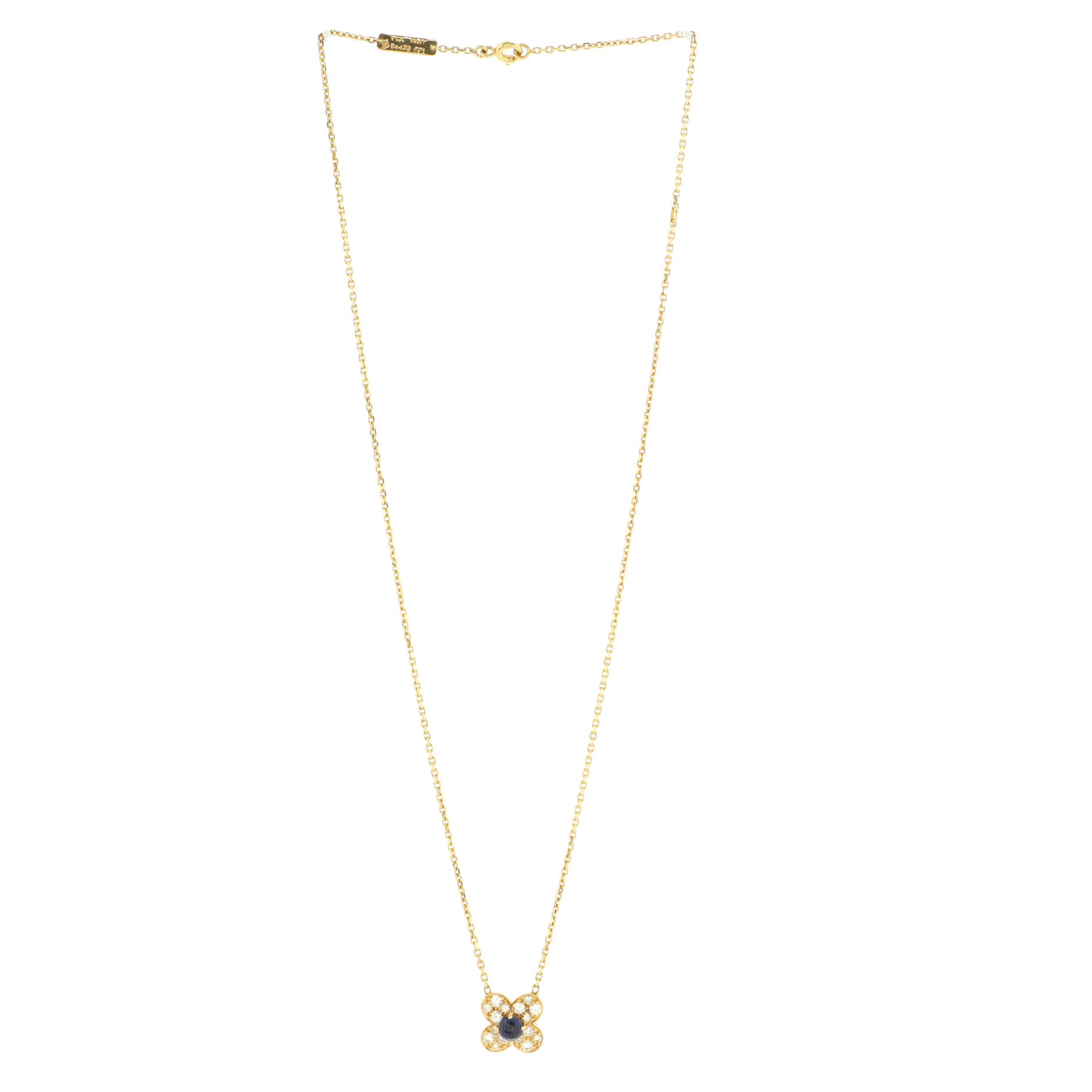 Trefle Pendant Necklace 18K Yellow Gold with Diamonds and Blue Sapphires