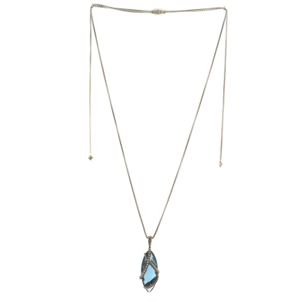 Cable Wrap Marquise Pendant Necklace Sterling Silver with Blue Topaz and Diamonds 30mm