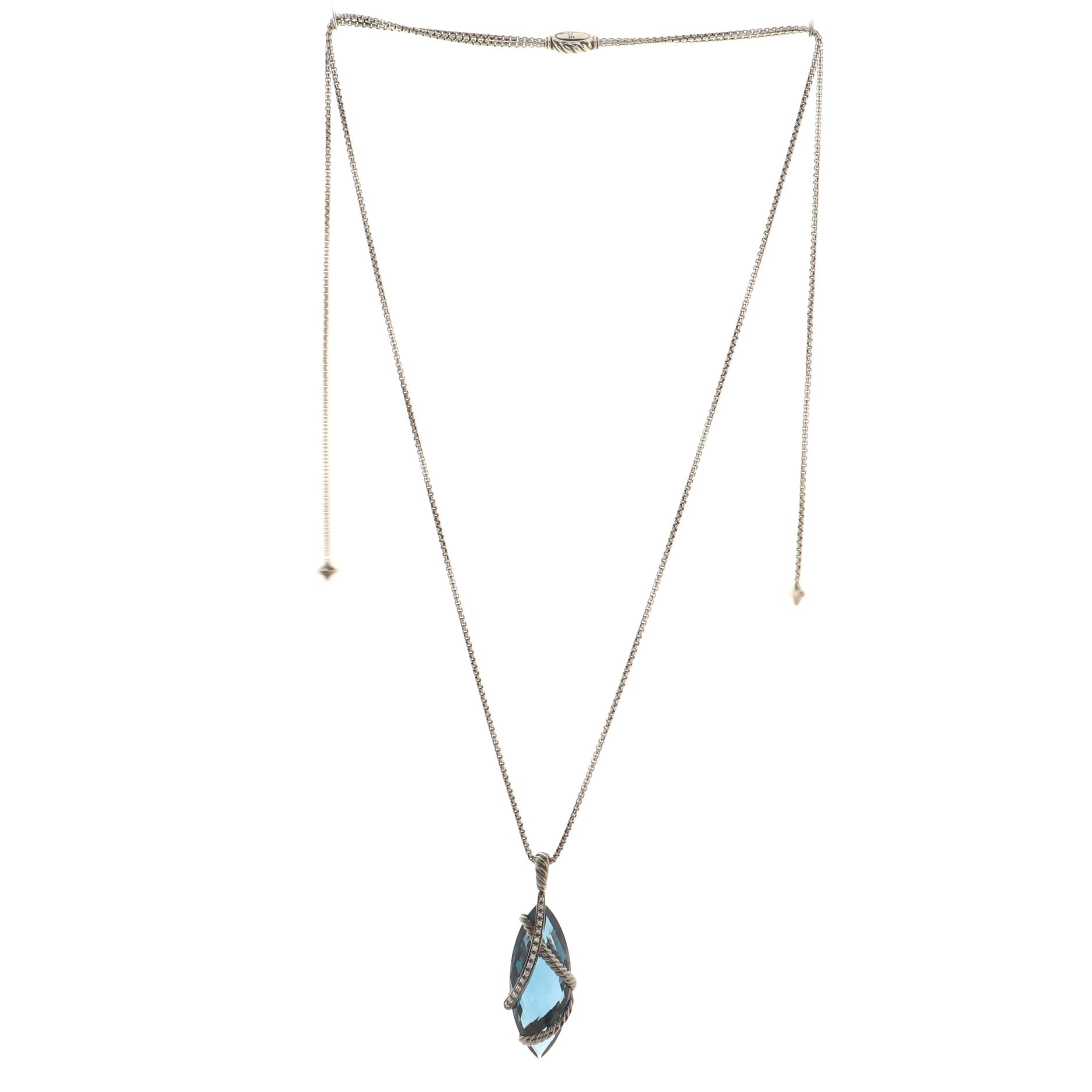 Cable Wrap Marquise Pendant Necklace Sterling Silver with Blue Topaz and Diamonds 30mm