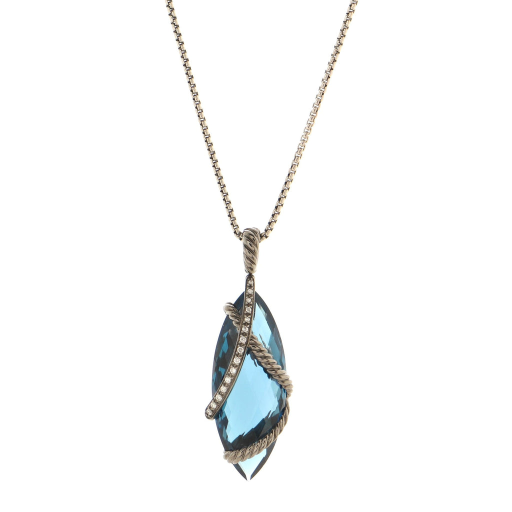 Cable Wrap Marquise Pendant Necklace Sterling Silver with Blue Topaz and Diamonds 30mm