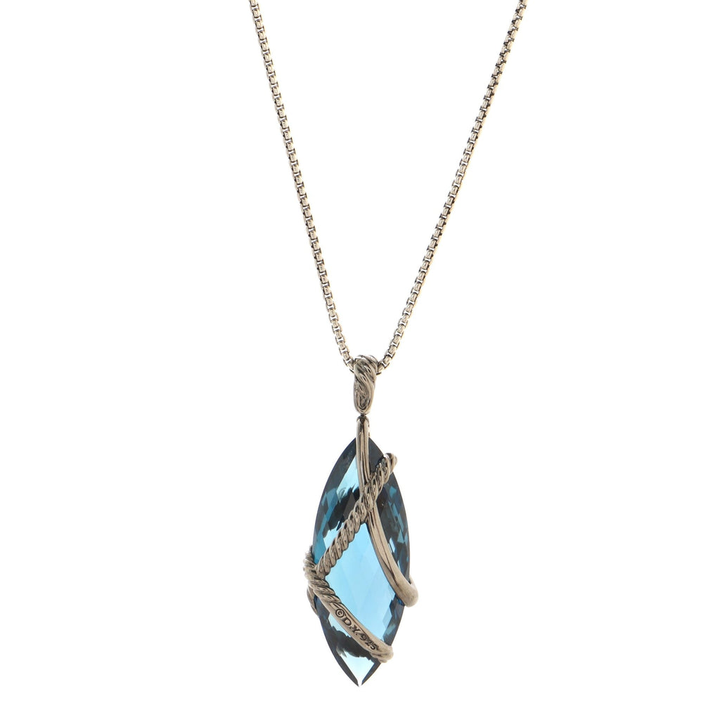 Cable Wrap Marquise Pendant Necklace Sterling Silver with Blue Topaz and Diamonds 30mm