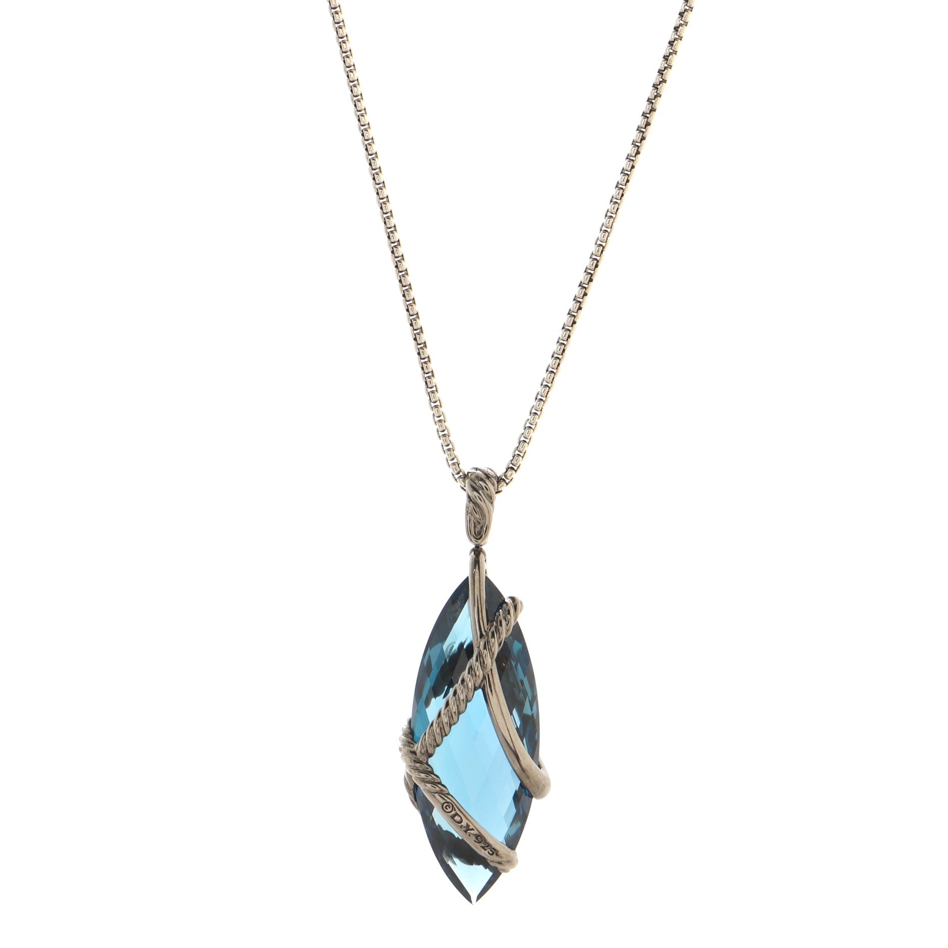 Cable Wrap Marquise Pendant Necklace Sterling Silver with Blue Topaz and Diamonds 30mm