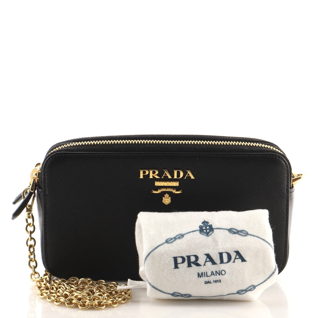 Double Zip Wallet on Chain Crossbody Saffiano Leather Mini
