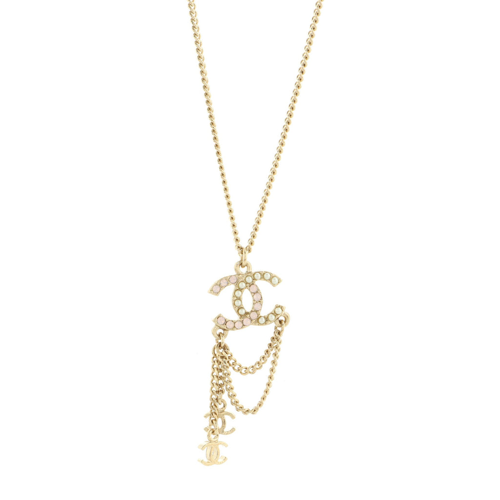 CC Charm Pendant Necklace Metal with Faux Pearls and Crystals