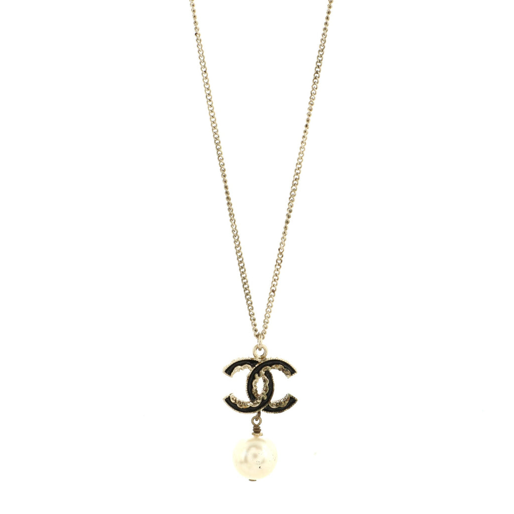 CC Drop Pendant Necklace Metal with Enamel and Faux Pearl