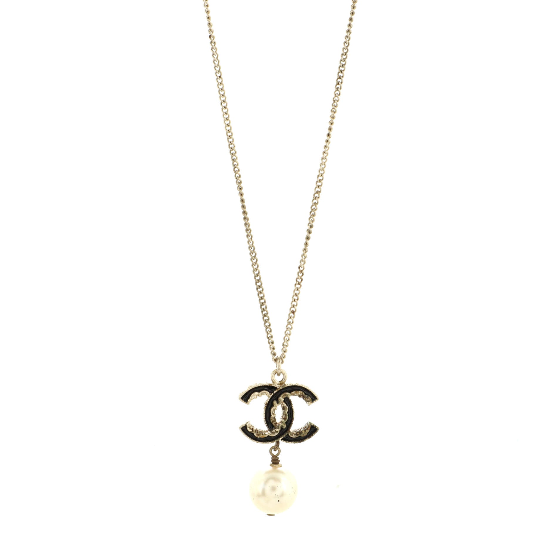 CC Drop Pendant Necklace Metal with Enamel and Faux Pearl