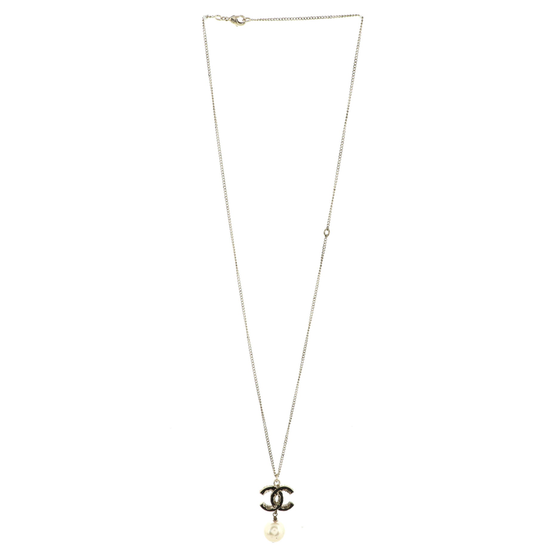 CC Drop Pendant Necklace Metal with Enamel and Faux Pearl