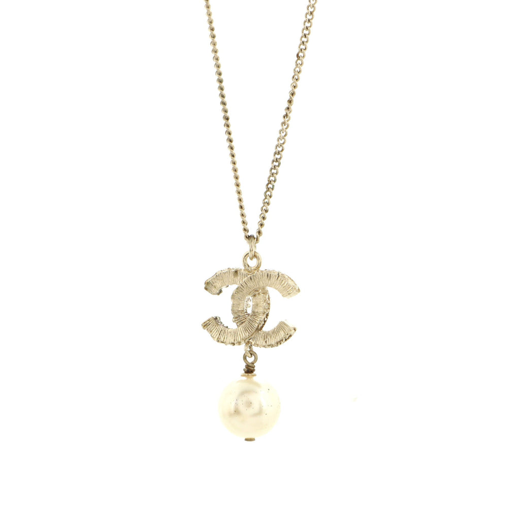 CC Drop Pendant Necklace Metal with Enamel and Faux Pearl