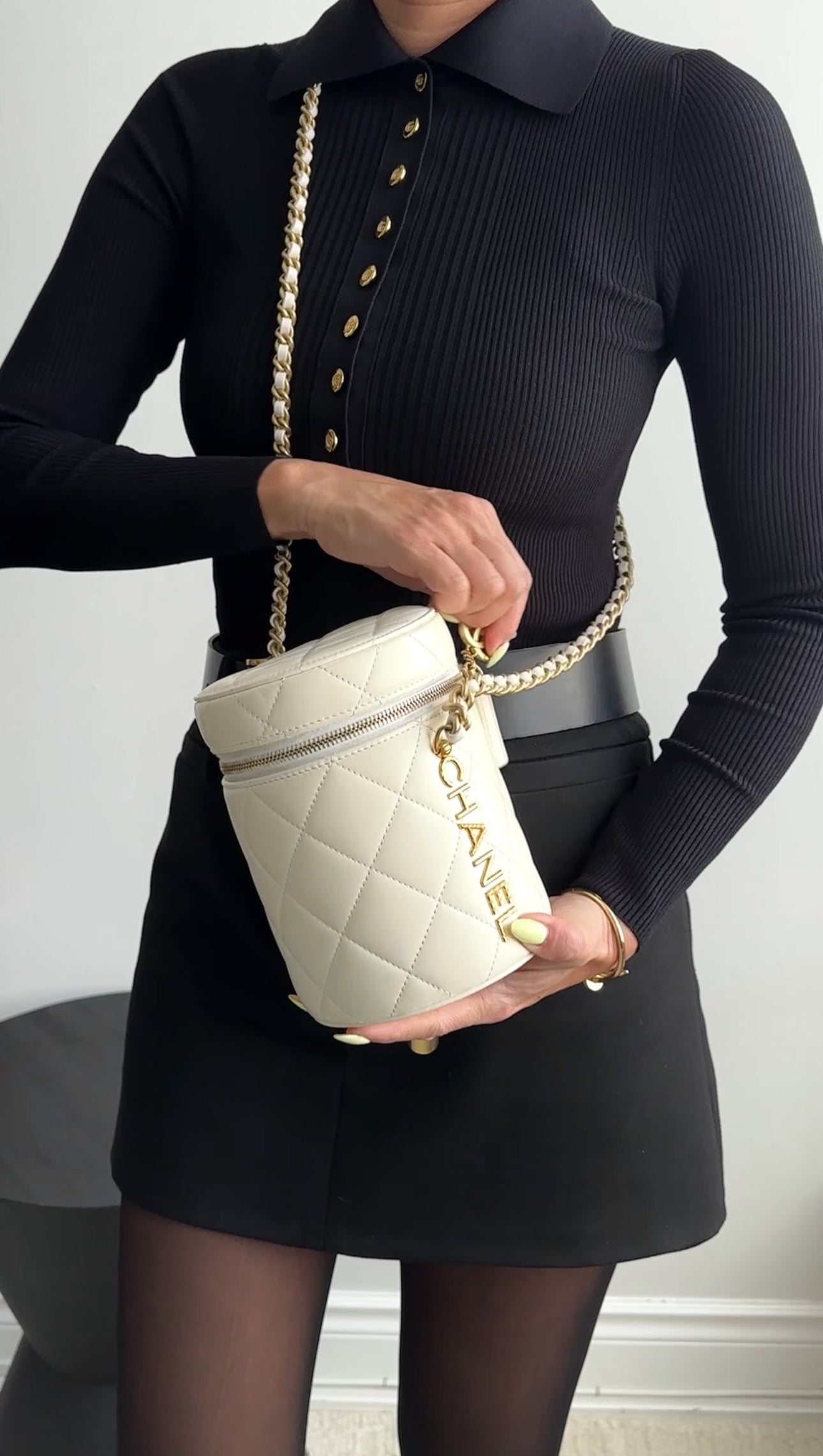 Chanel White Quilted Leather Side Note Vanity Bag