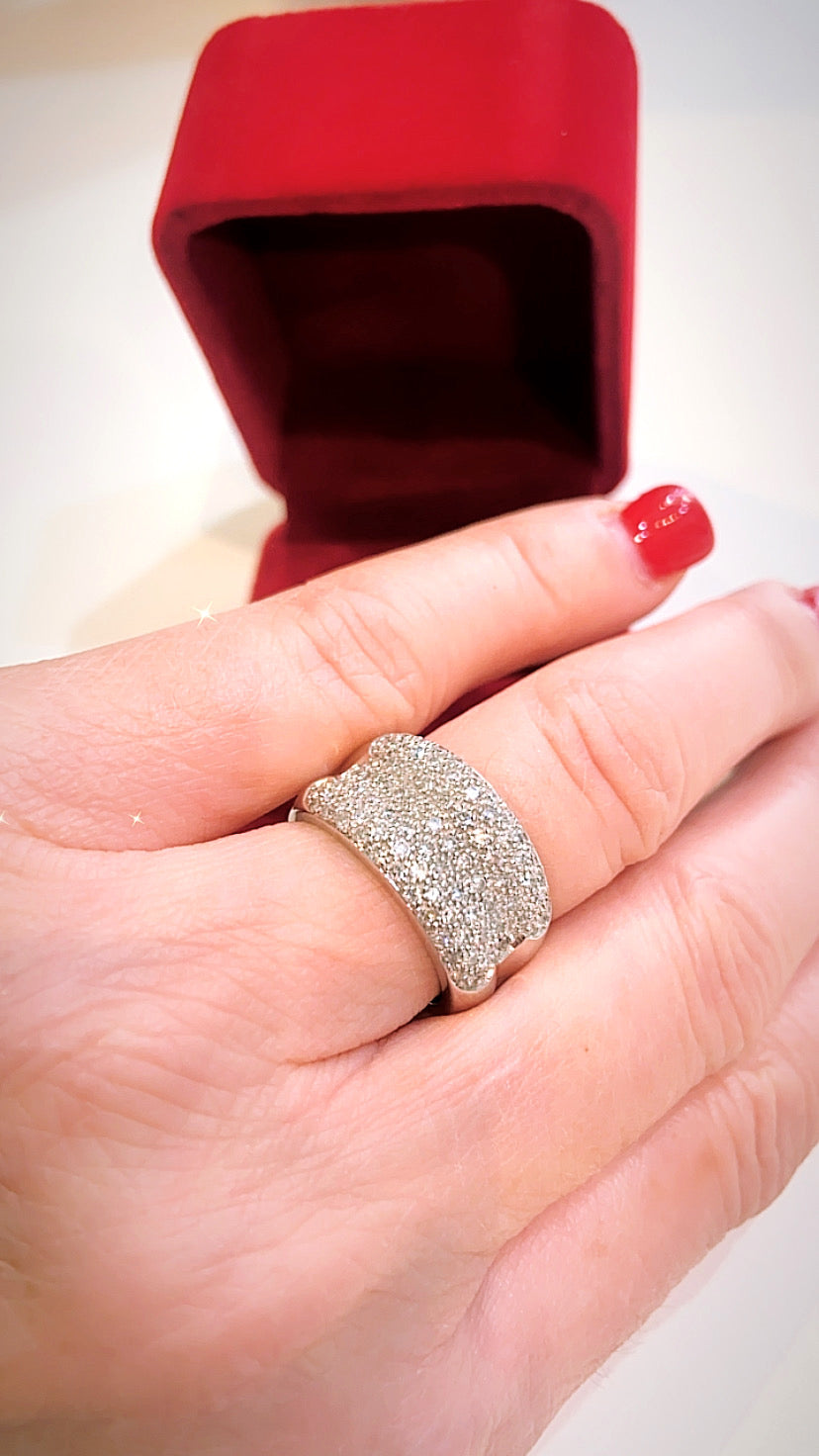 14K WHITE GOLD DIAMOND PAVE DOMED RING