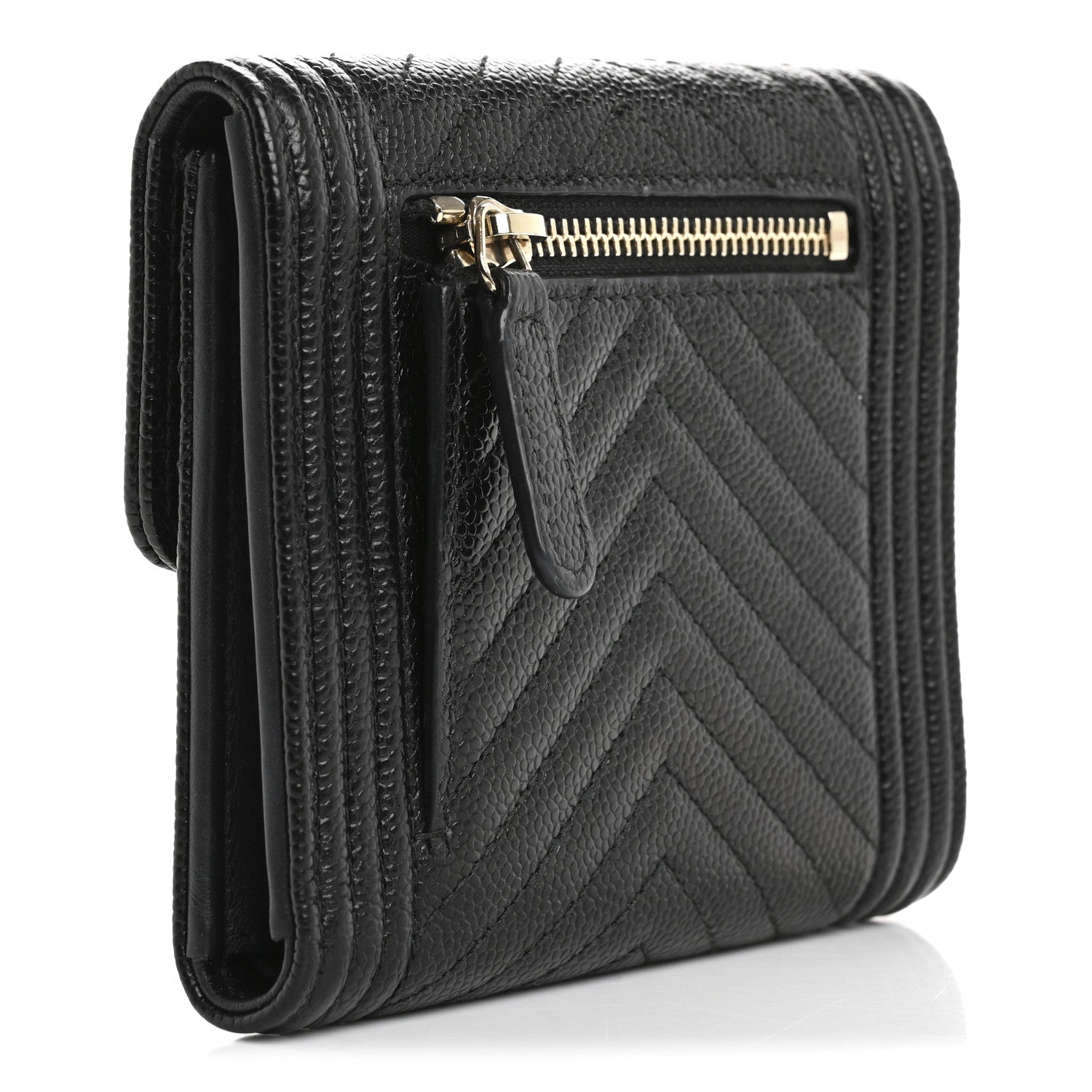 Caviar Chevron Quilted Boy Compact Wallet Black