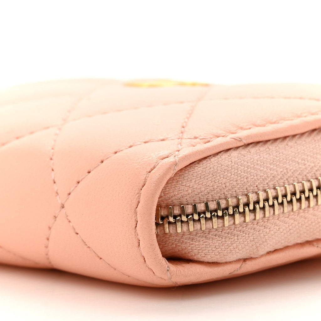 Lambskin Quilted CC Pearl Crush Zip  Holder On Chain Pink
