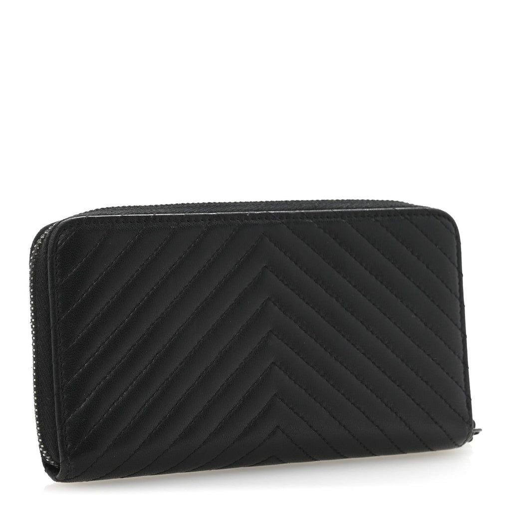 Lambskin Chevron Quilted Zip Around Wallet Black
