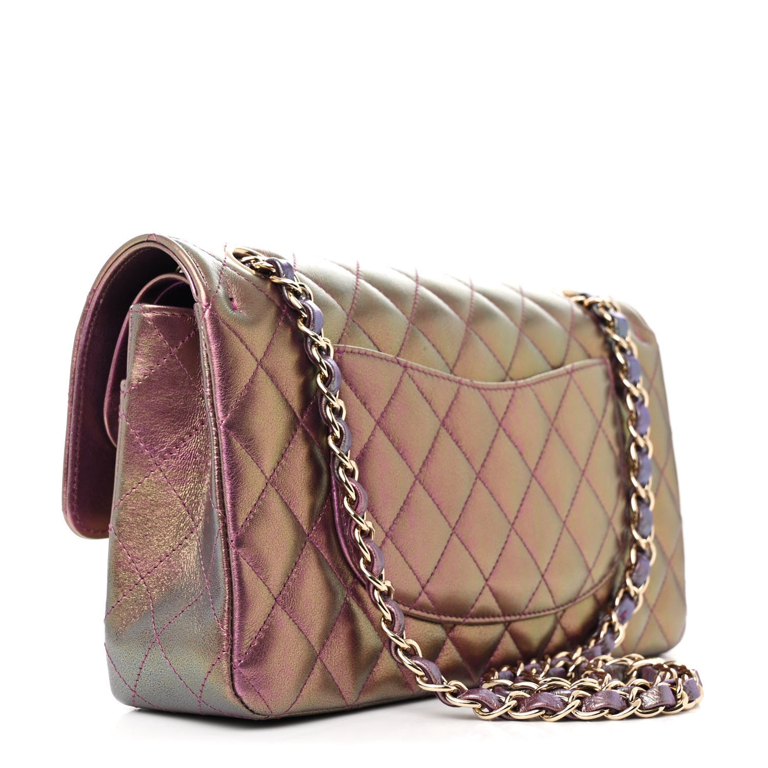 Iridescent Lambskin Quilted Medium Double Flap Purple