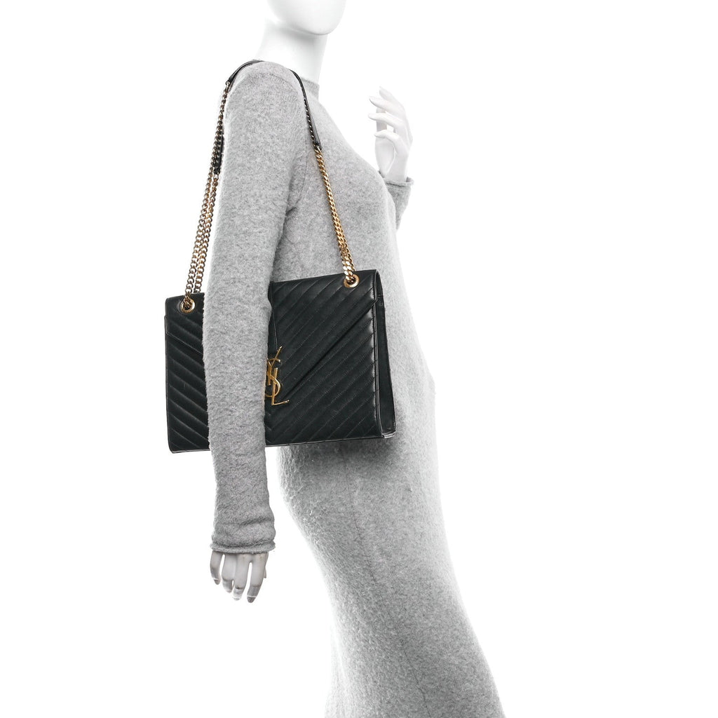 Smooth Calfskin Matelasse Chevron Large Monogram Satchel Black