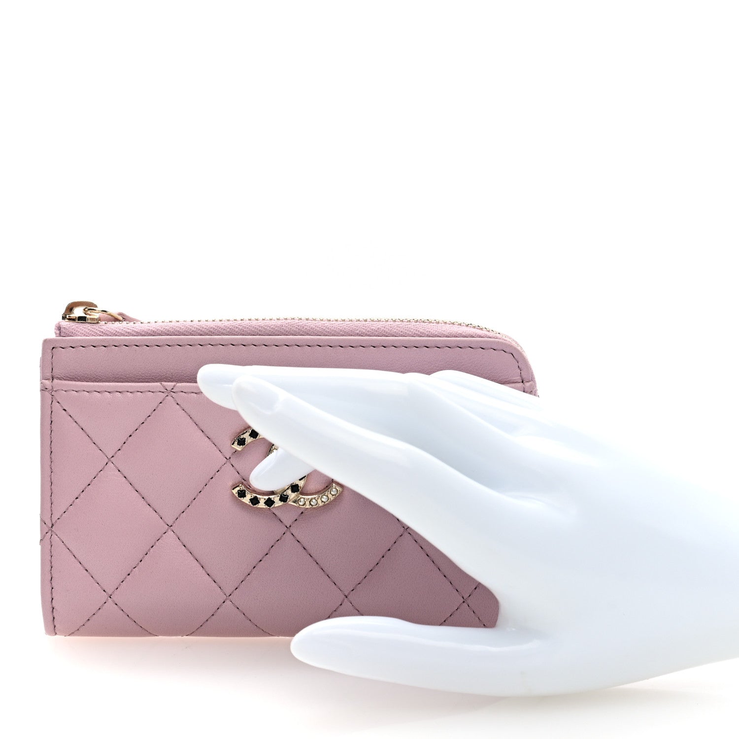 Lambskin Quilted Pearl Crystal CC Zip Around  Holder Pink