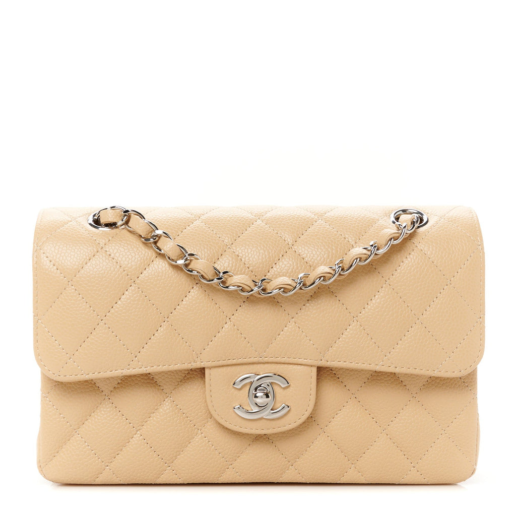 Caviar Quilted Small Double Flap Beige