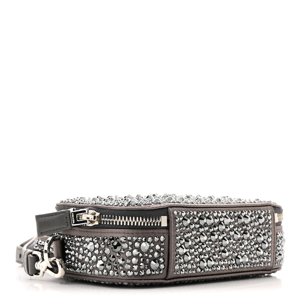 Satin Crystal Metal Triangle Logo Odette Crossbody Fumo