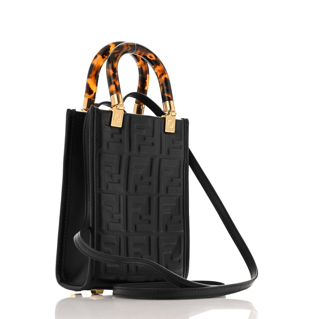 Vitello Plexiglass FF Embossed Mini Fendi Sunshine Shopper Tote Black