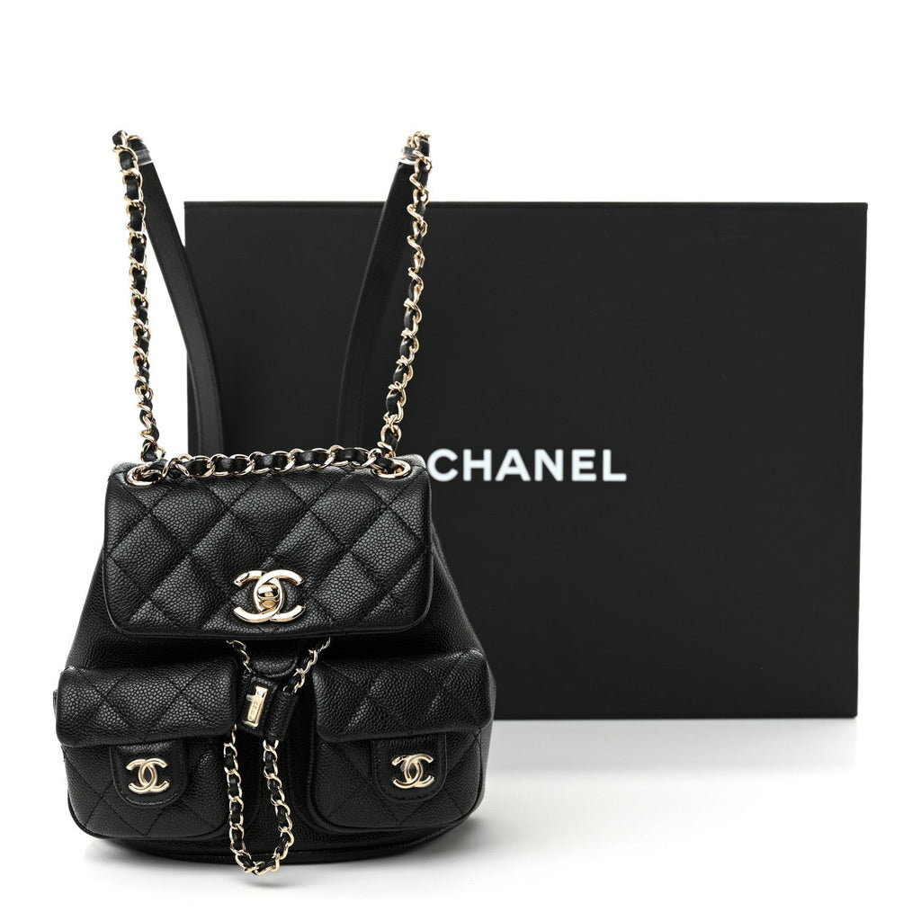 Shiny Caviar Quilted Small Duma Pockets Drawstring Backpack Black