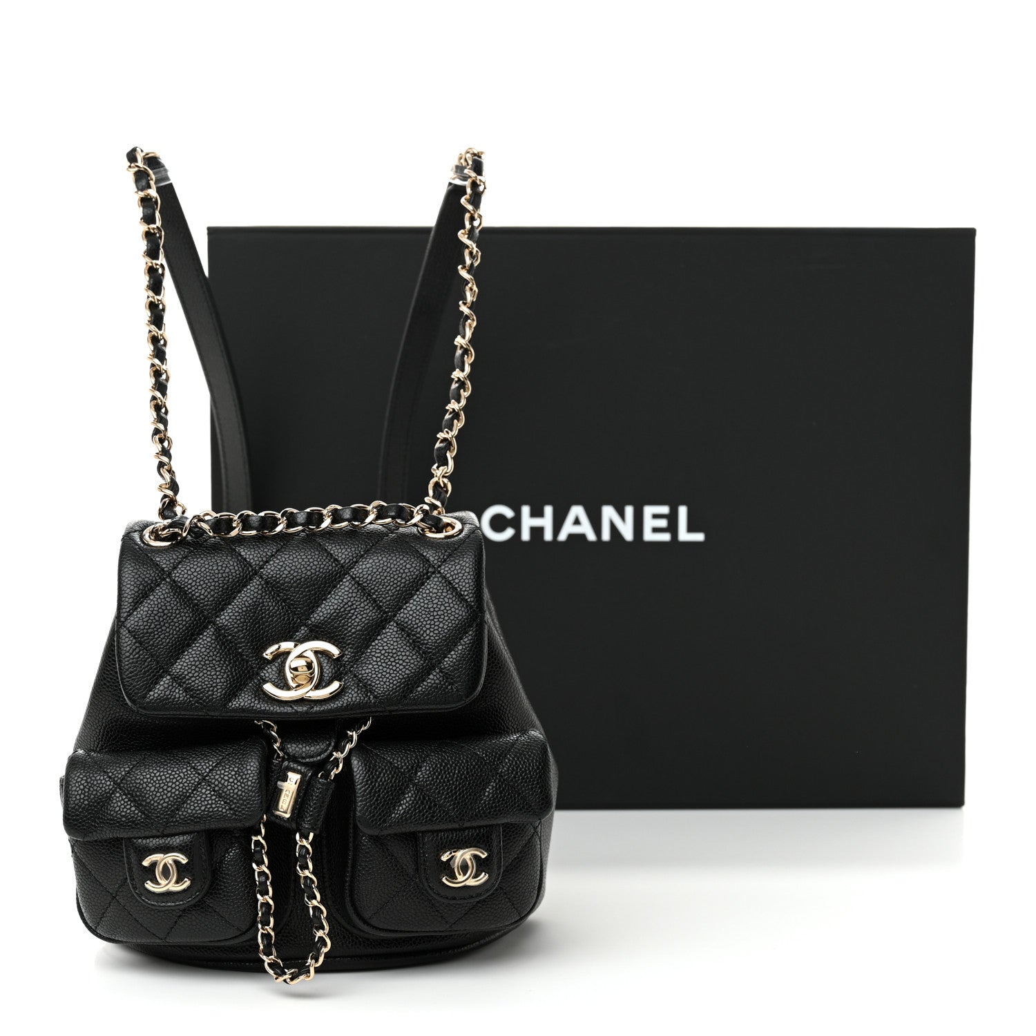 Shiny Caviar Quilted Small Duma Pockets Drawstring Backpack Black