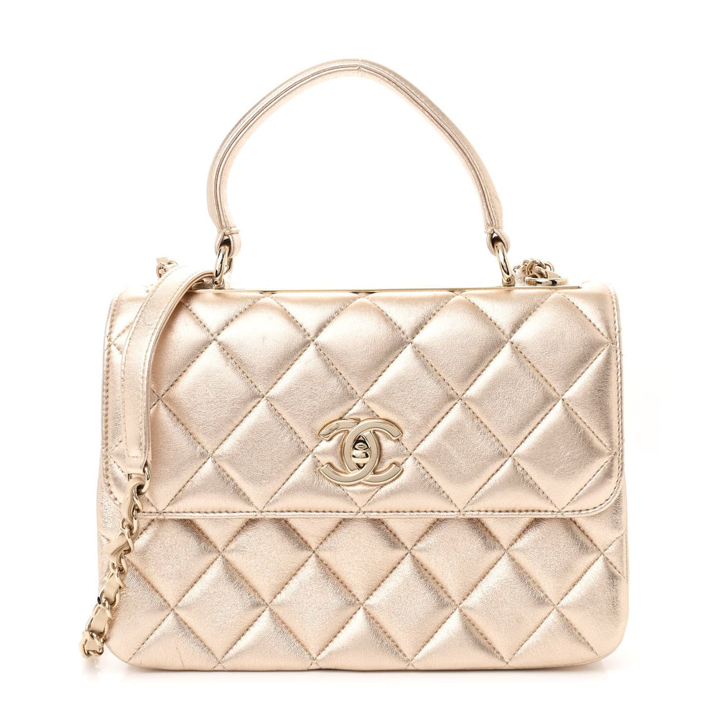 Metallic Lambskin Quilted Small Trendy CC Flap Dual Handle Bag Gold