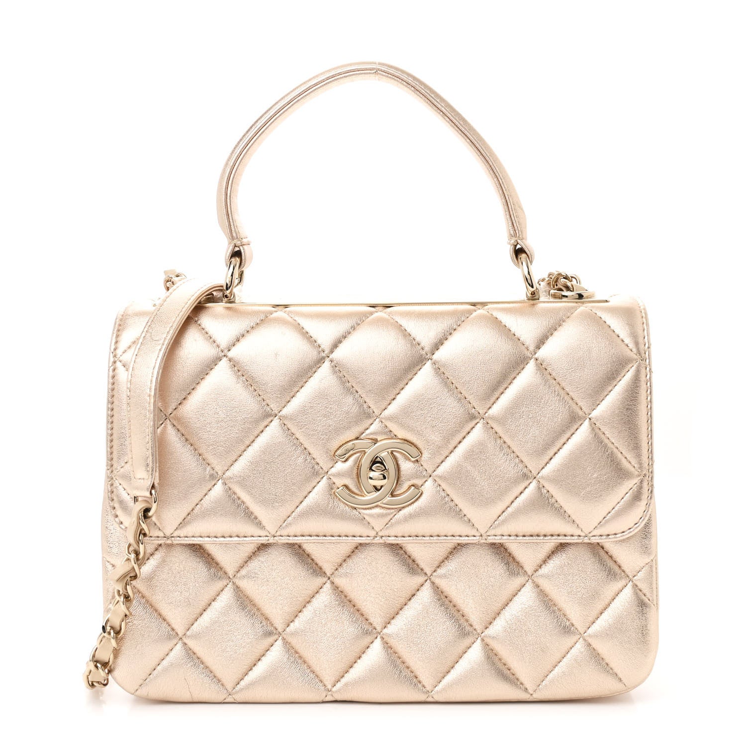 Metallic Lambskin Quilted Small Trendy CC Flap Dual Handle Bag Gold