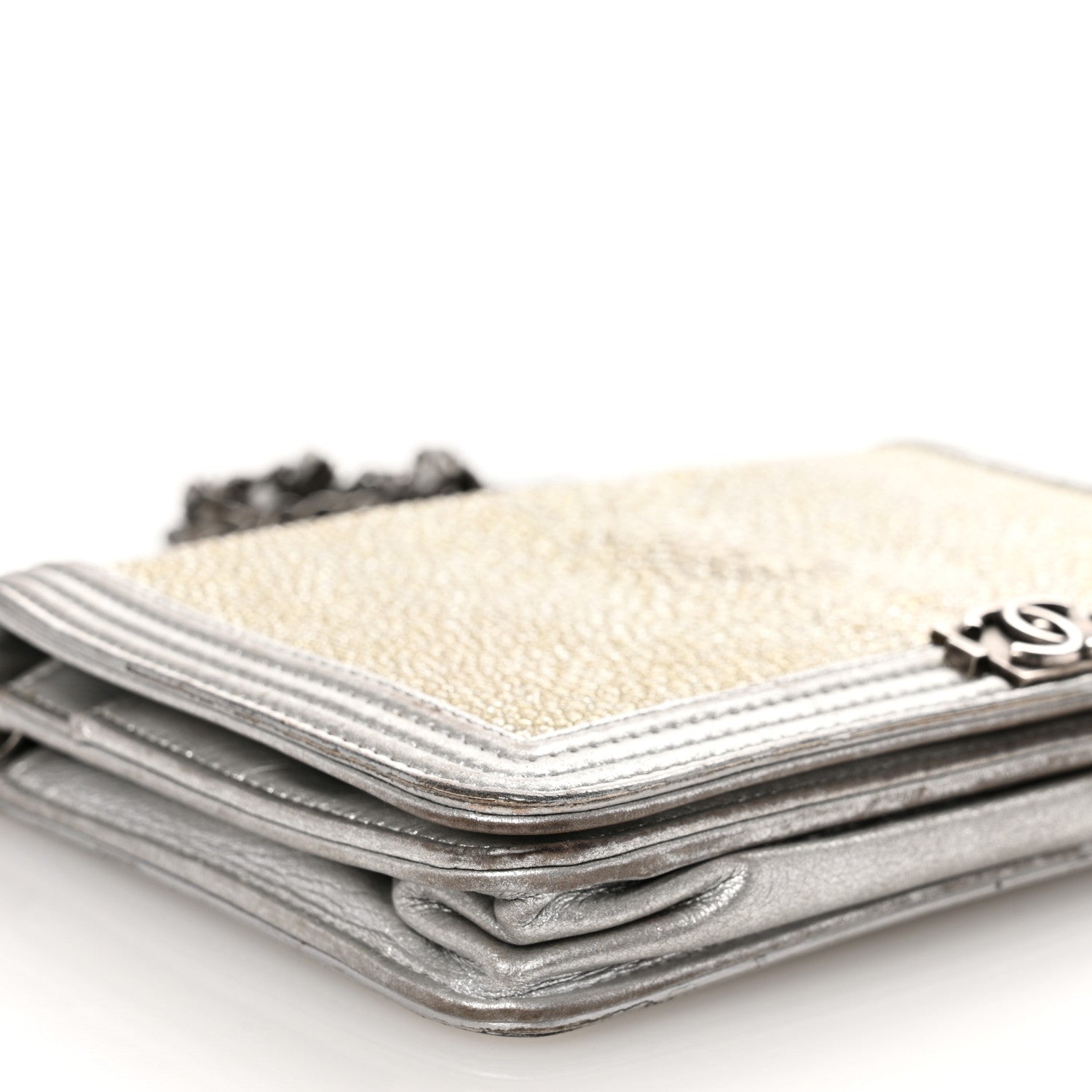 Metallic Galuchat Stingray Lambskin Boy Wallet On Chain WOC Silver