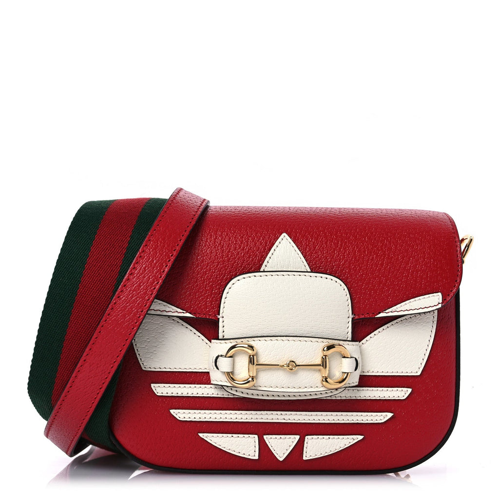 X ADIDAS Textured Dollar Calfskin Web Trefoil Mini Horsebit 1955 Shoulder Bag Hibiscus Red Off White