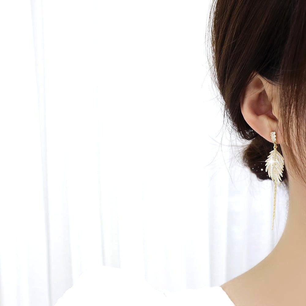 14K Gold Feather Drop Earrings