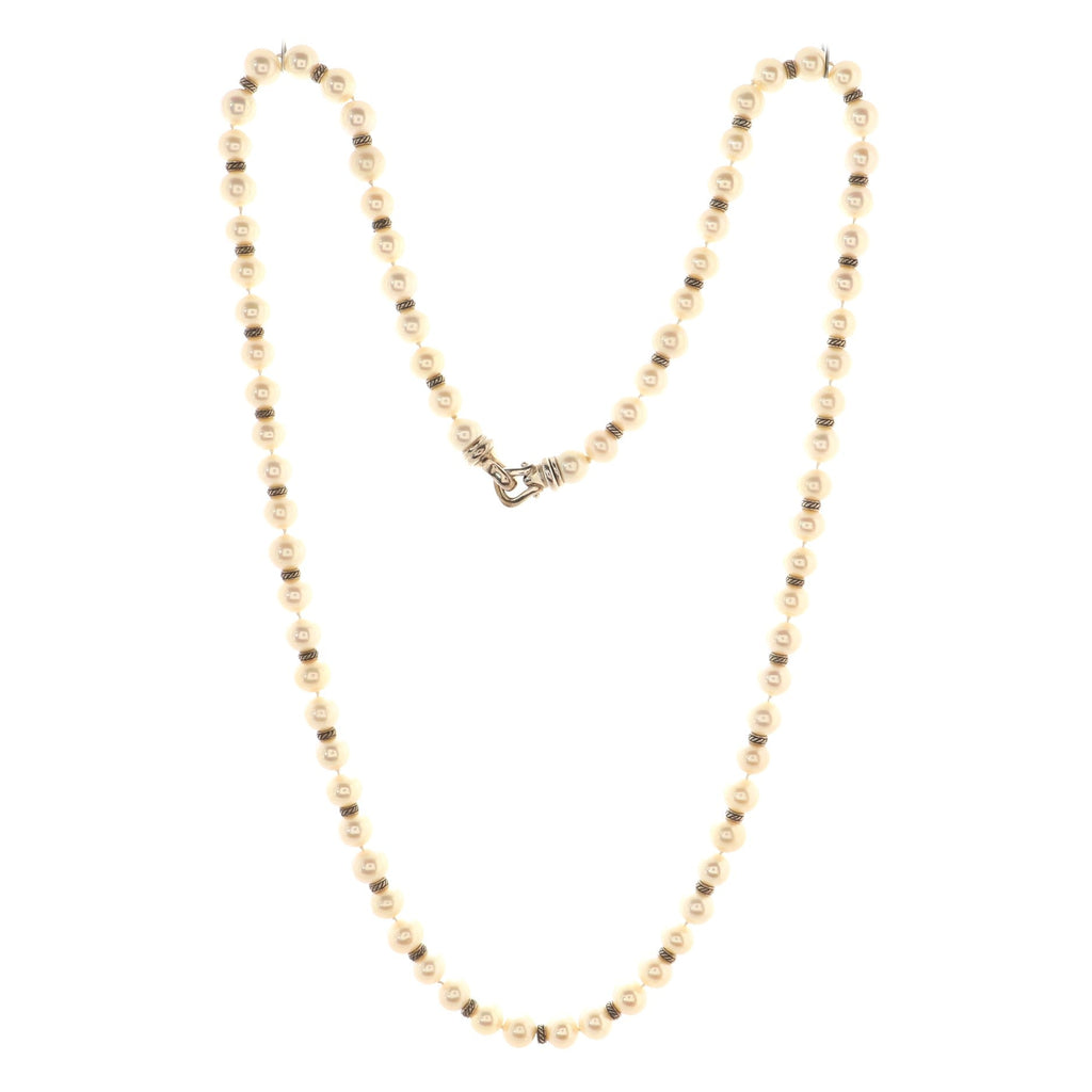 Station Long Necklace Pearls with Sterling Silver