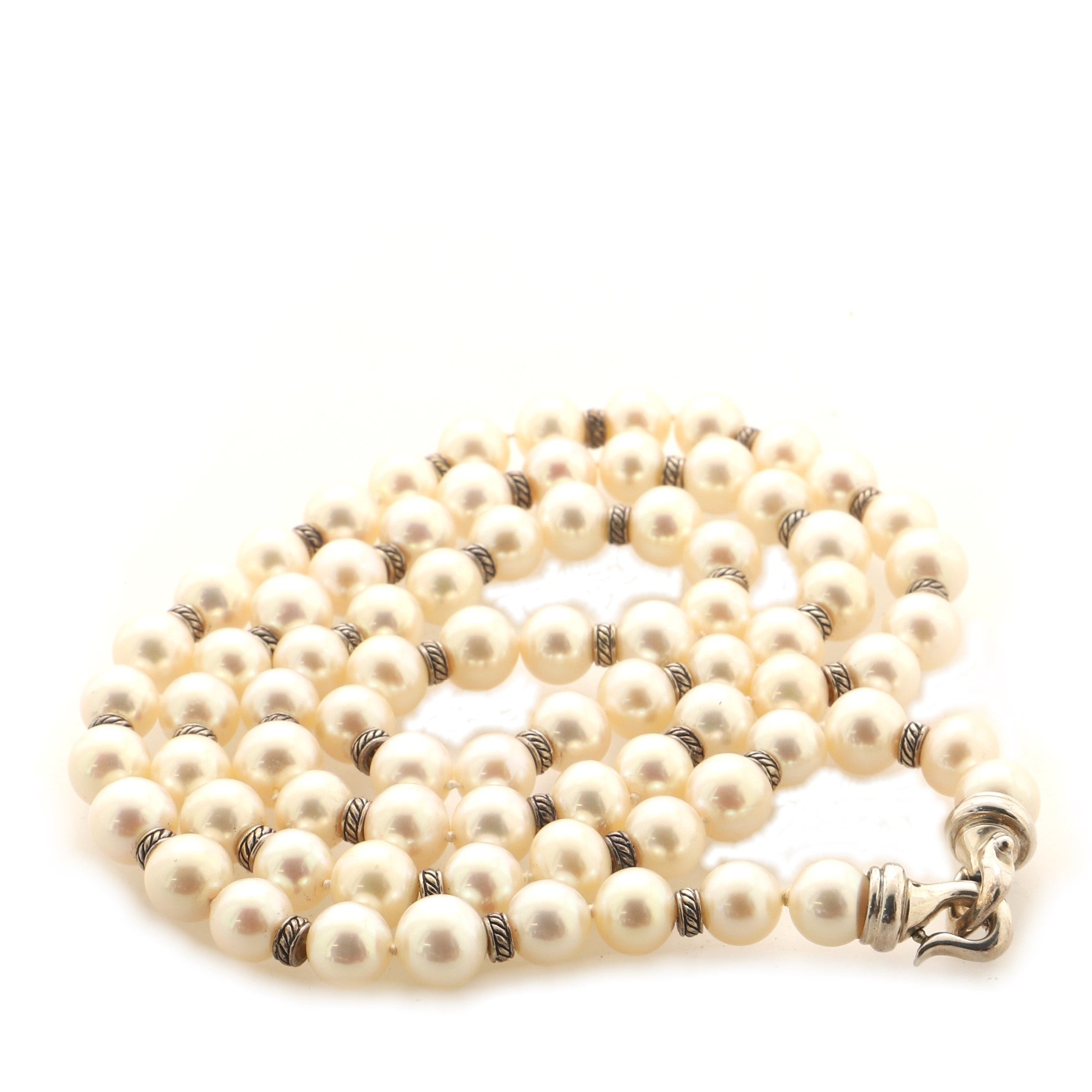 Station Long Necklace Pearls with Sterling Silver