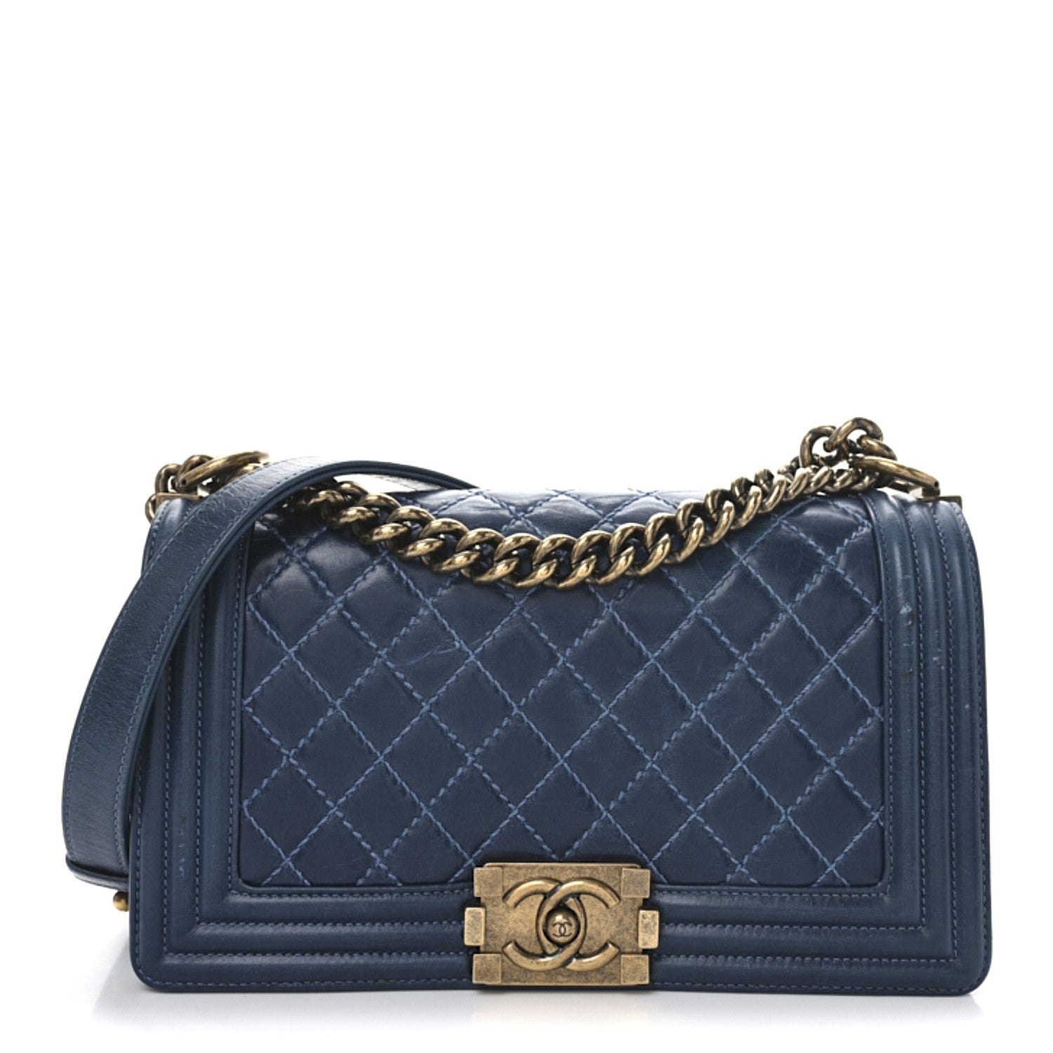 Glazed Calfskin Quilted Medium Boy Flap Blue