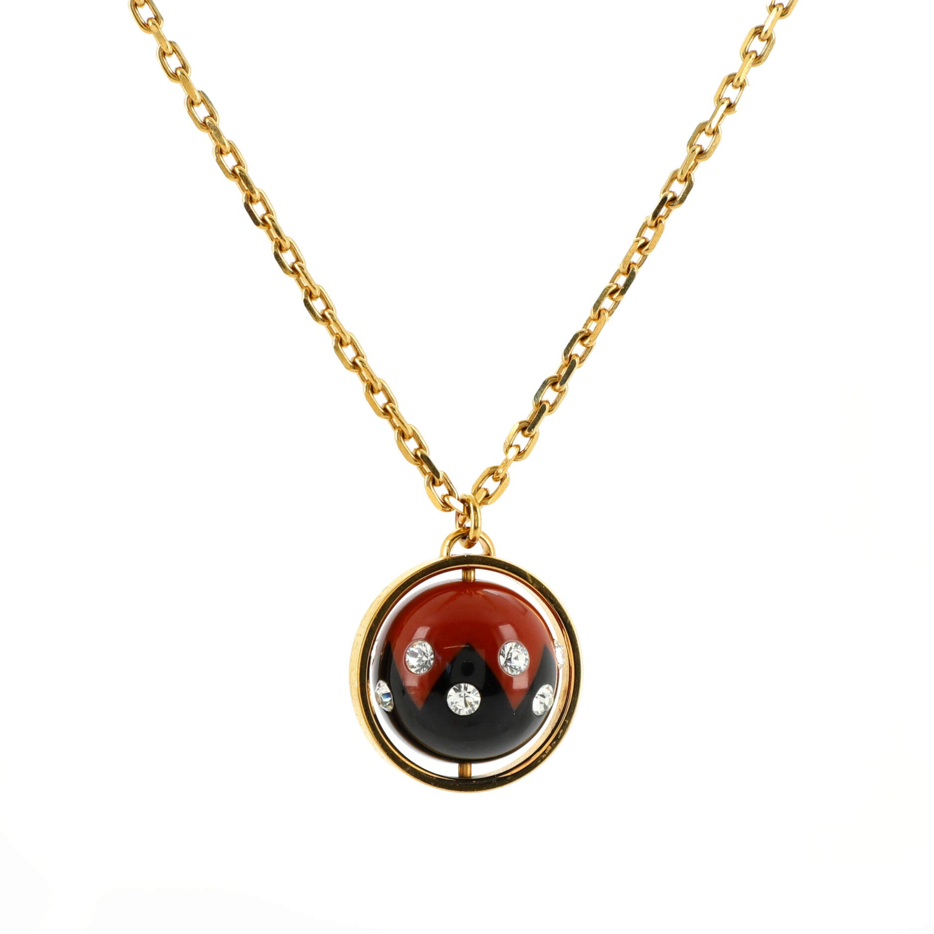 Spinning Sphere Pendant Necklace Metal and Crystal Embellished Resin