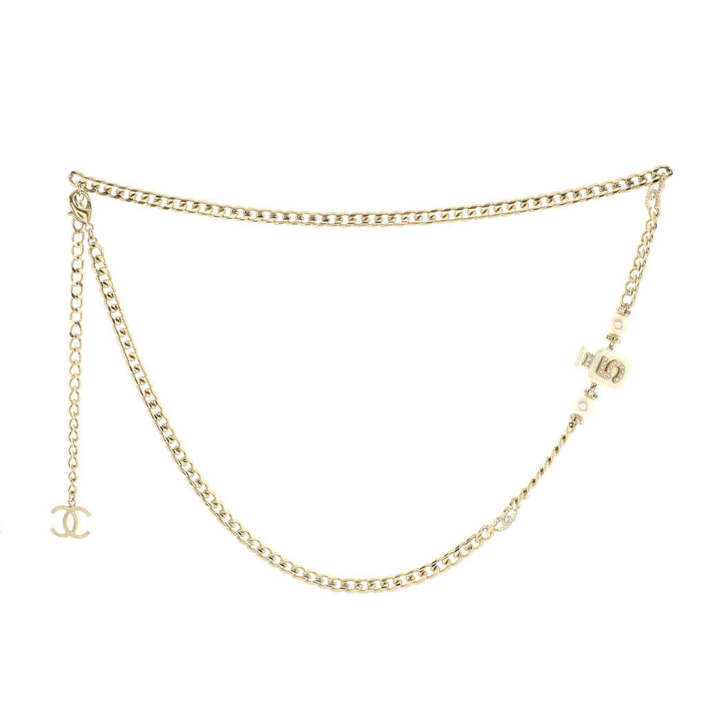 No.5 Perfume Bottle CC Charm Chain Link Belt Metal with Faux Pearls and Crystals 0