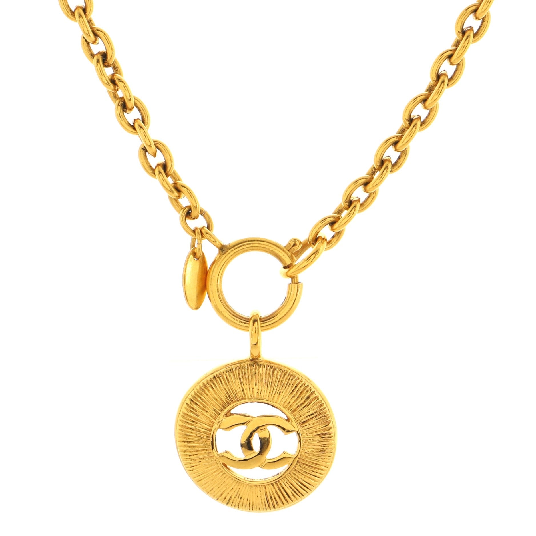 Vintage CC Round Pendant Long Necklace Metal