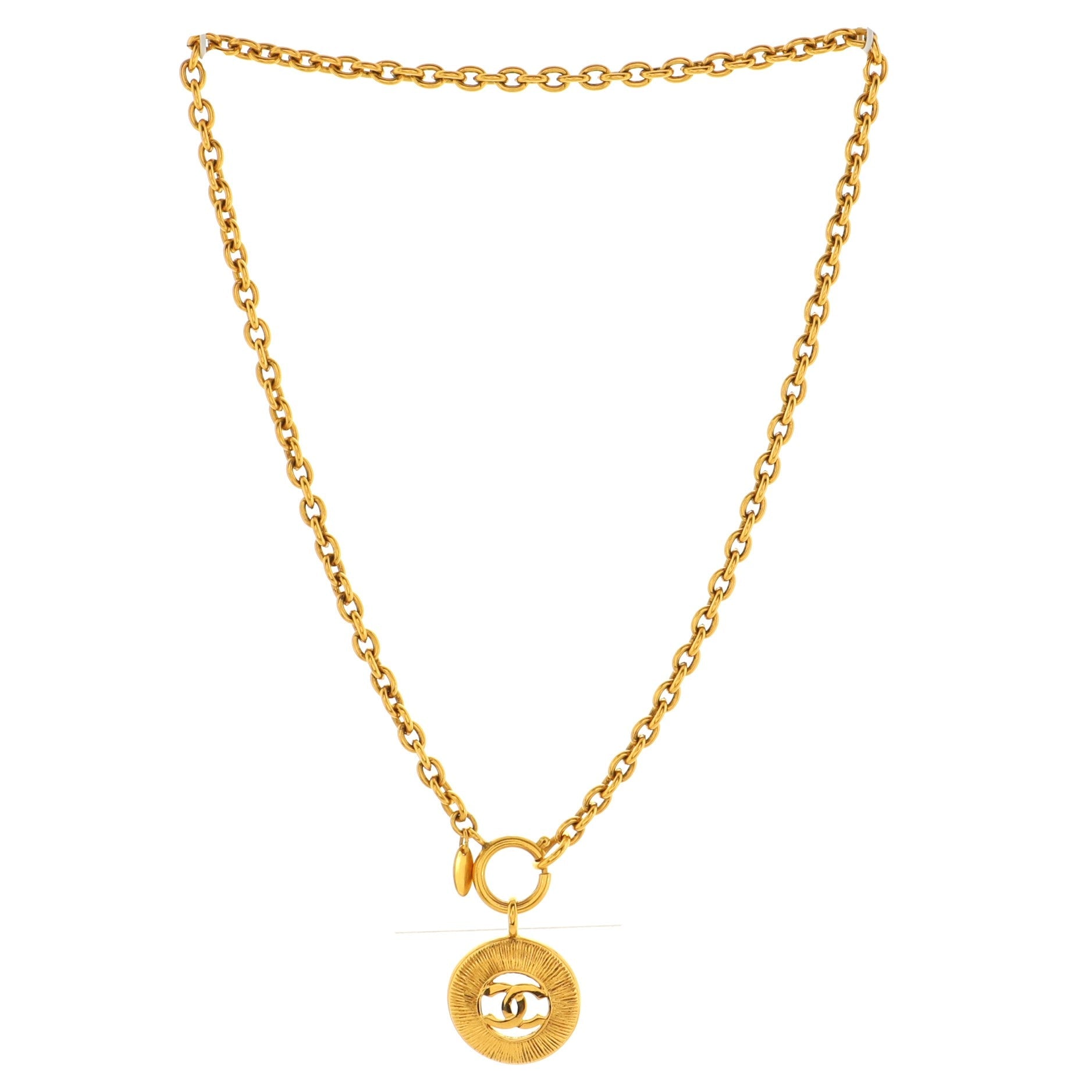 Vintage CC Round Pendant Long Necklace Metal