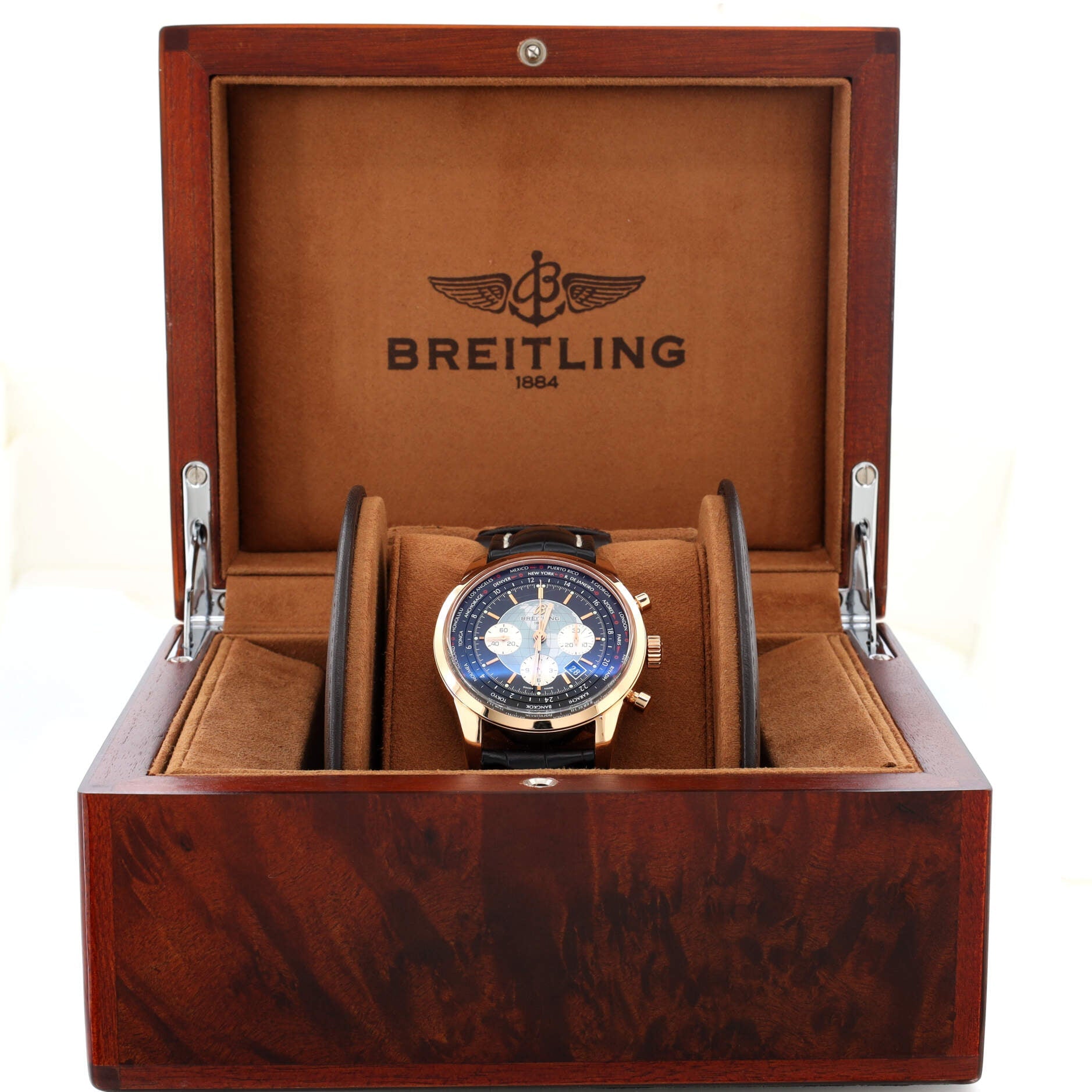 Transocean Unitime World Time Chronograph Automatic Watch Rose Gold and Alligator 46