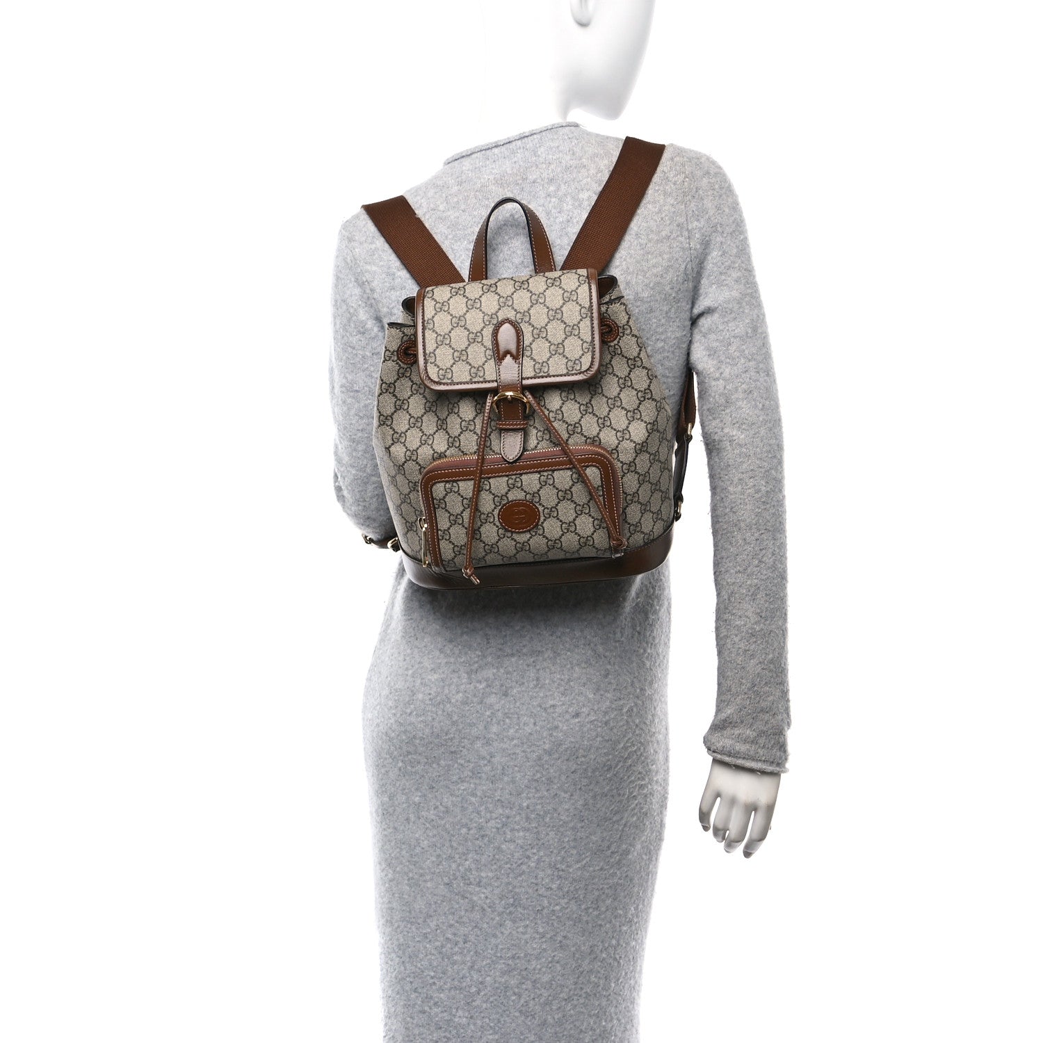 GG Supreme Monogram Azalea Calfskin Retro Interlocking G Buckle Backpack Beige Ebony Brown Sugar