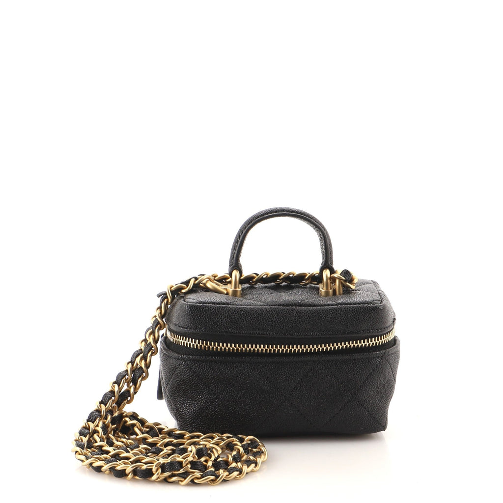 Top Handle Zip Around Vanity Case with Chain Quilted Caviar Mini