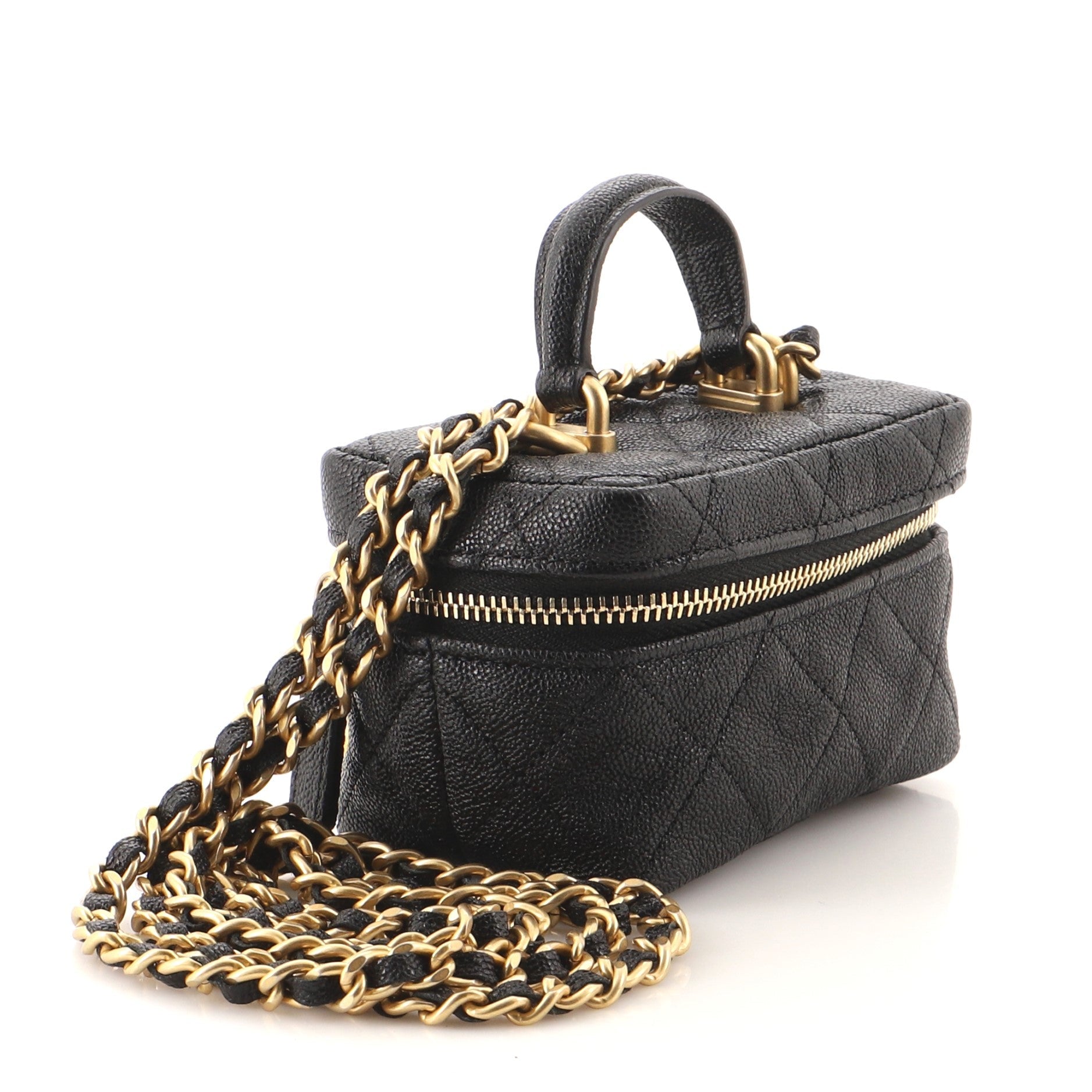Top Handle Zip Around Vanity Case with Chain Quilted Caviar Mini