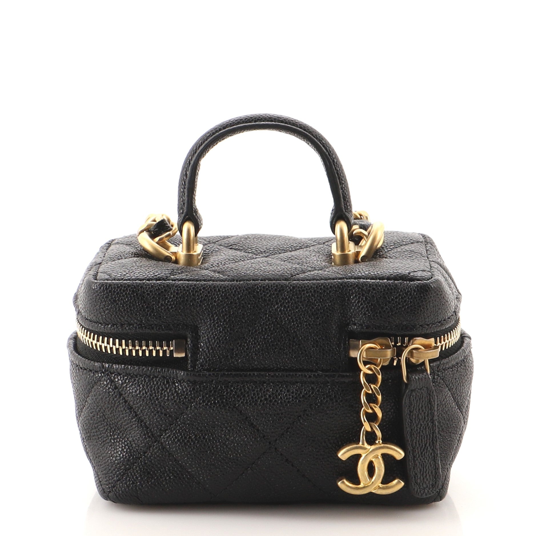 Top Handle Zip Around Vanity Case with Chain Quilted Caviar Mini